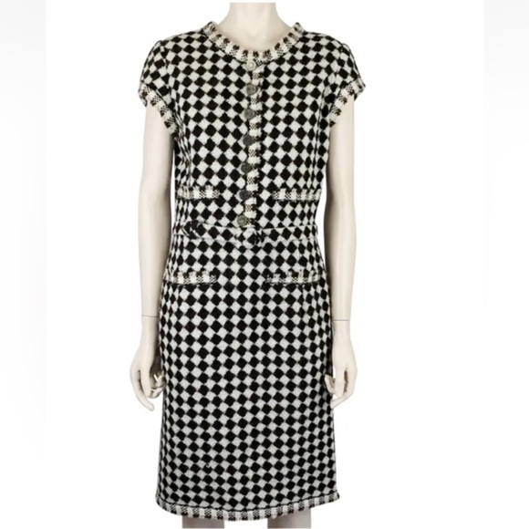 OSCAR DE LA RENTA CREAM/BROWN WOOL SILK TWEED CHECK DRESS FRINGE BELT Size 10